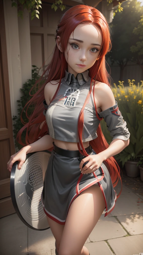 masterpiece, best quality, (realistic, photo-realistic:1.4), (RAW photo:1.2), extremely detailed CG unity 8k wallpaper, 1 girl, delicate and beautiful, amazing, finely detail, official art, absurdres, incredibly absurdres, huge filesize, ultra-detailed, extremely detailed, extremely detailed girl, extremely detailed eyes and face, light on face,little smile,Tiese_Shtolienen, (red hair:1.3), long hair,(grey tube top:1.5) ,garden, (teen girl:1.7)