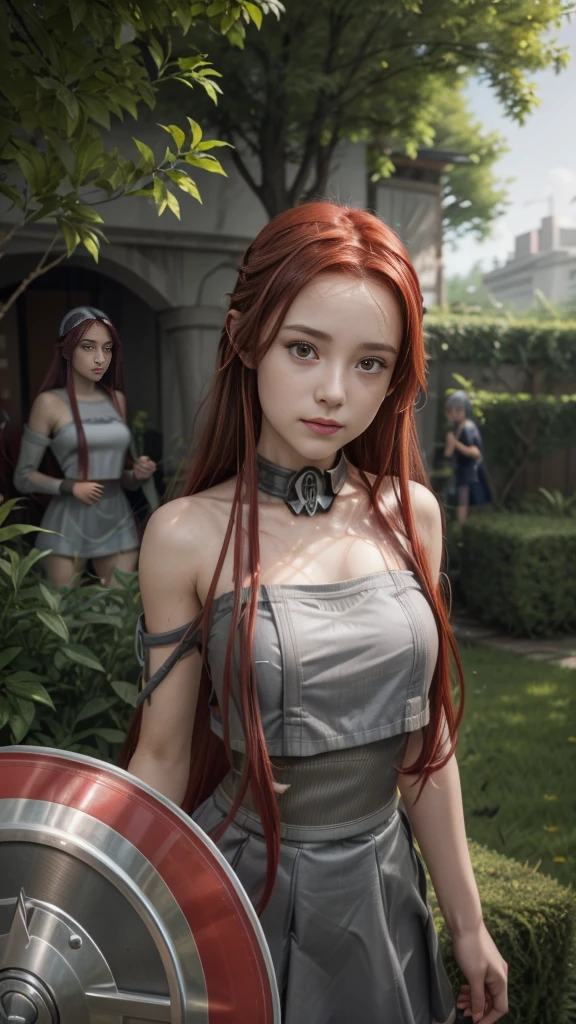 masterpiece, best quality, (realistic, photo-realistic:1.4), (RAW photo:1.2), extremely detailed CG unity 8k wallpaper, 1 girl, delicate and beautiful, amazing, finely detail, official art, absurdres, incredibly absurdres, huge filesize, ultra-detailed, extremely detailed, extremely detailed girl, extremely detailed eyes and face, light on face,little smile,Tiese_Shtolienen, (red hair:1.3), long hair,(grey tube top:1.5) ,garden, (teen girl:1.7)