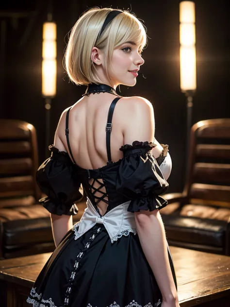 (Sci-fi fantasy), (masterpiece), (1 beautiful dutch woman),Smile,back view,Ella Freya from the Netherlands,NieR:Automata,2B, Got...