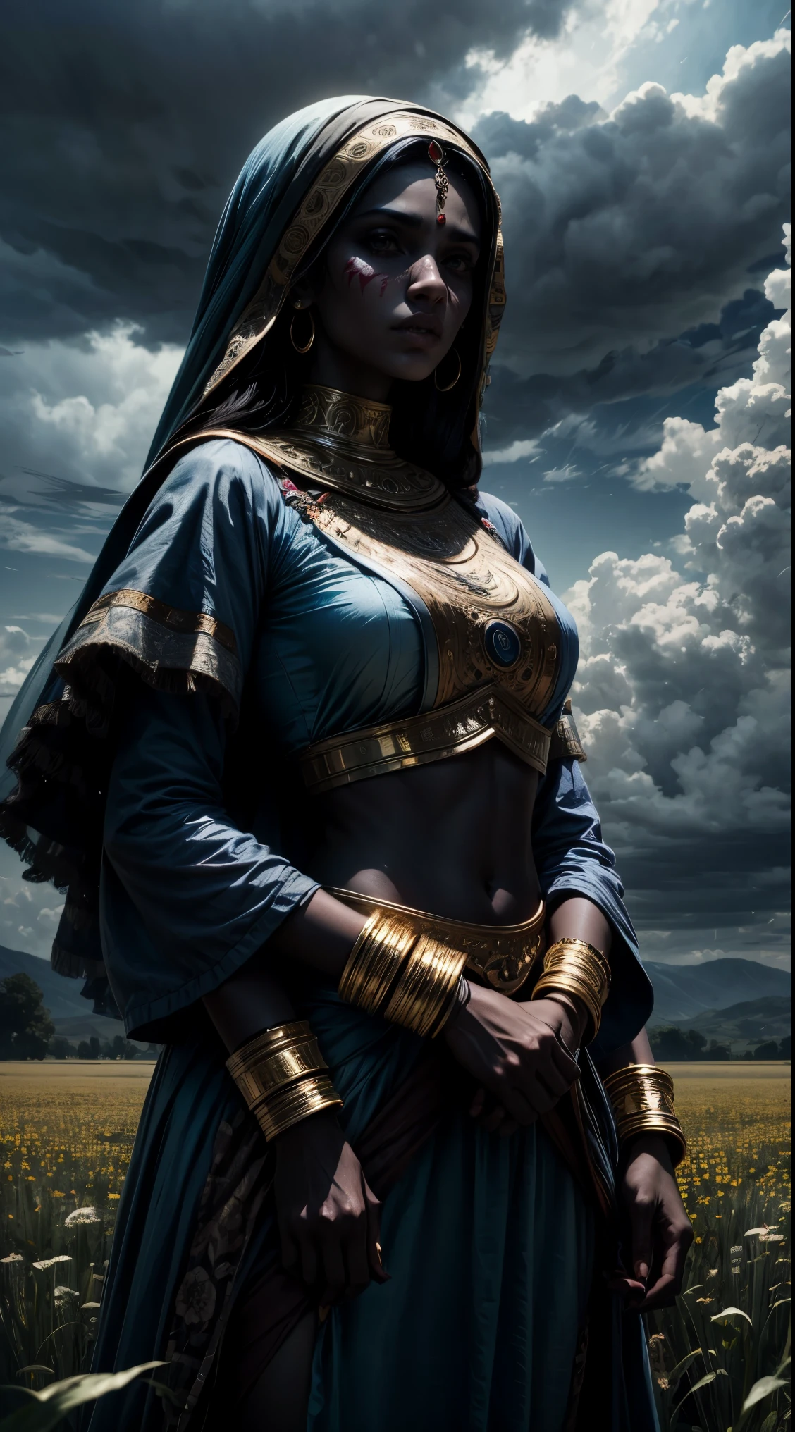 arab woman, blue skin, she has four arms, indian woman, battle rogue clothes, field, clouds 