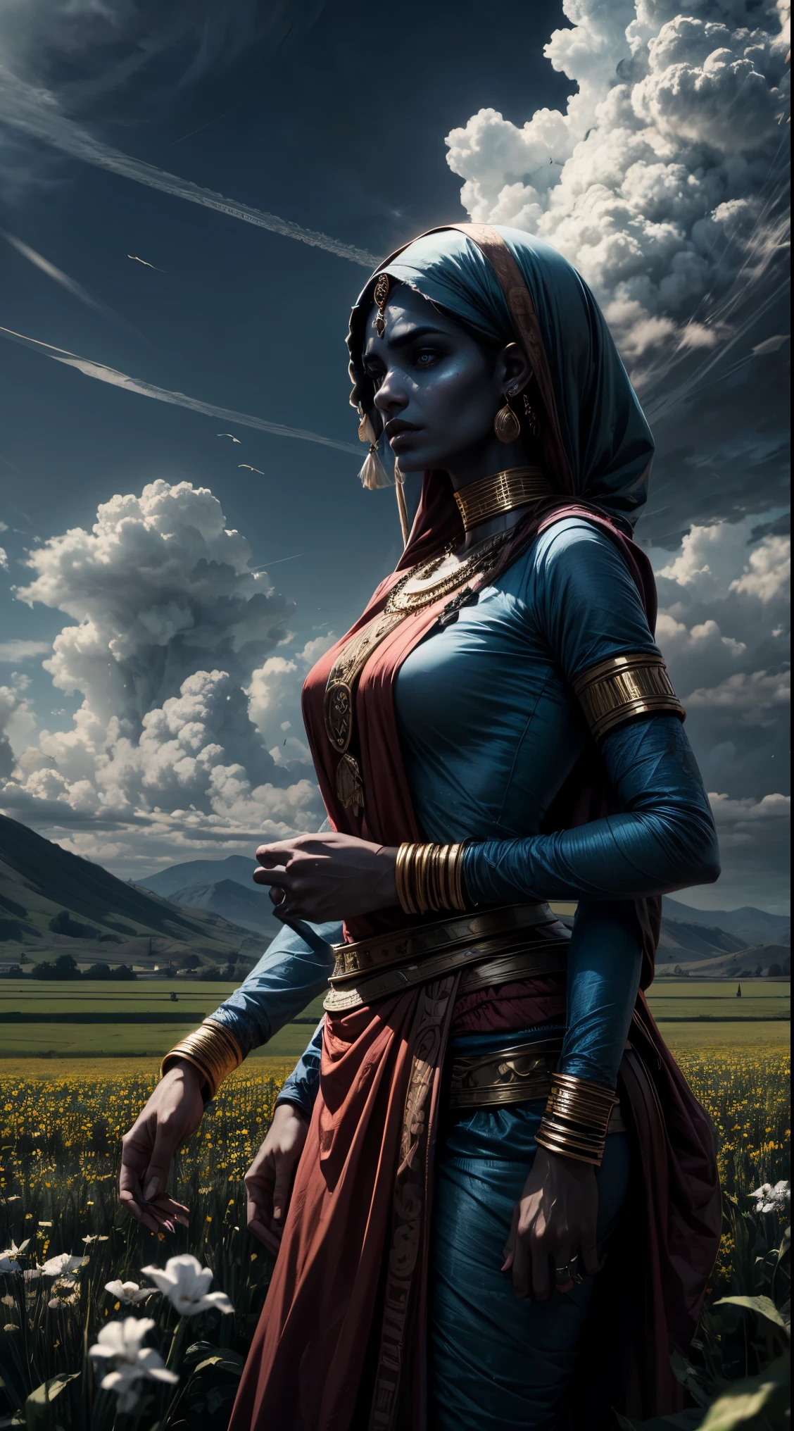 阿拉伯女人, 藍色皮膚, 她有四隻手臂, 印度女人, 戰鬥盜賊衣服, 場地, 雲 