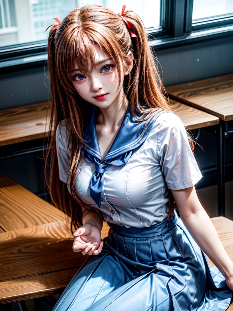 （8k, highest quality, Pieces fly:1.2)、Ultra-high resolution、anime,1 very pretty girl,Asuka Langley,Highly detailed face, Fine grain,blue eyes,,White sailor collar plain short sleeve shirt,Light blue skirt,Light Blue Suspenders,uniform_Red ribbon,Orange Hair,Long Hair、Detailed hand and fingers,put your hands in your hair,Grin、sitting on desk,Shooting from above,classroom