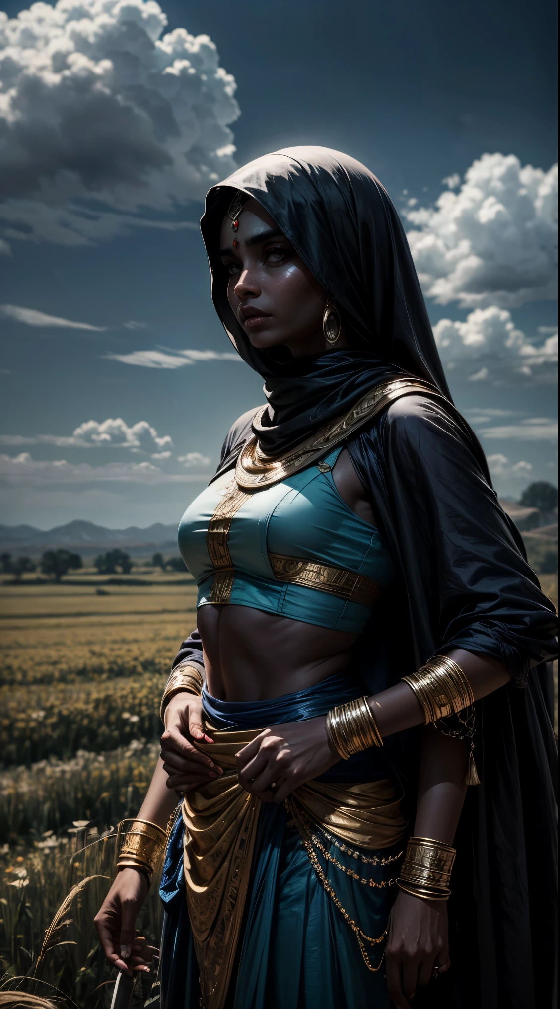 Арабская женщина, синяя кожа, У нее четыре руки, Индийская женщина, боевая разбойная одежда, поле, облака 