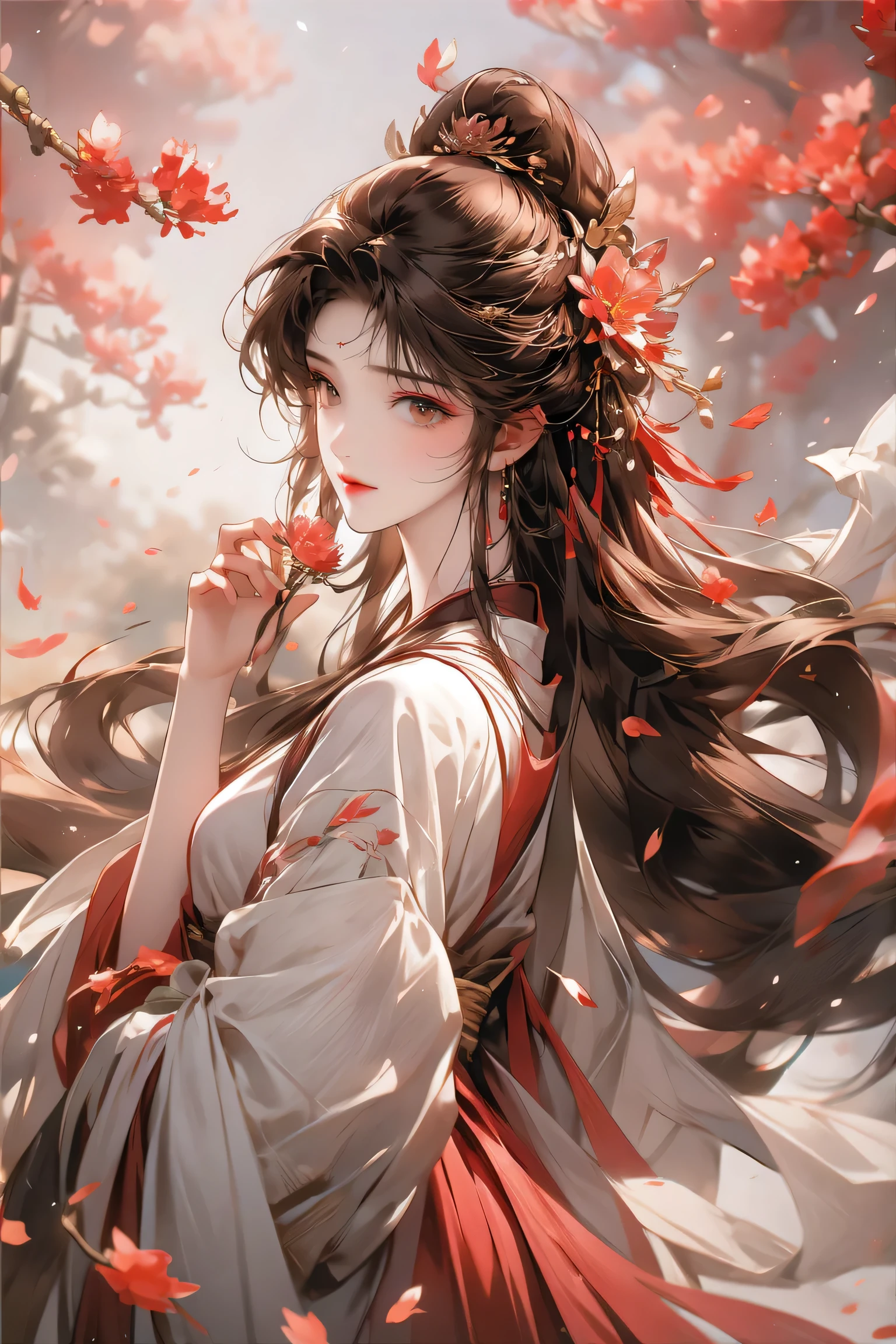 1girl,Long brown hair decorated with flowers 🏵️, bright brown eyes,Smile, smile,Girl wearing a simple hanfu, looks beautiful and pure,The background is filled with red mulberry trees 🍁,Falling leaves make the atmosphere look beautiful,Girl is holding a bamboo basket containing mulberry flowers 🍁while picking flowers, graceful, beautiful, magical, sweet, 4k