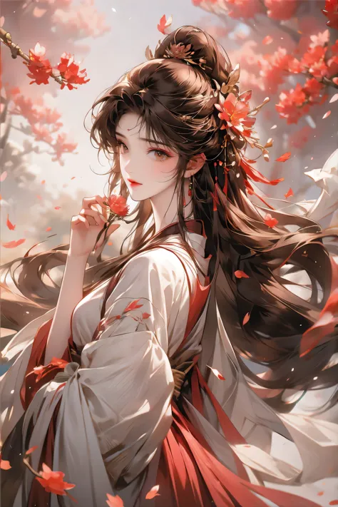 1girl,Long brown hair decorated with flowers 🏵️, bright brown eyes,Smile, smile,Girl wearing a simple hanfu, looks beautiful and...