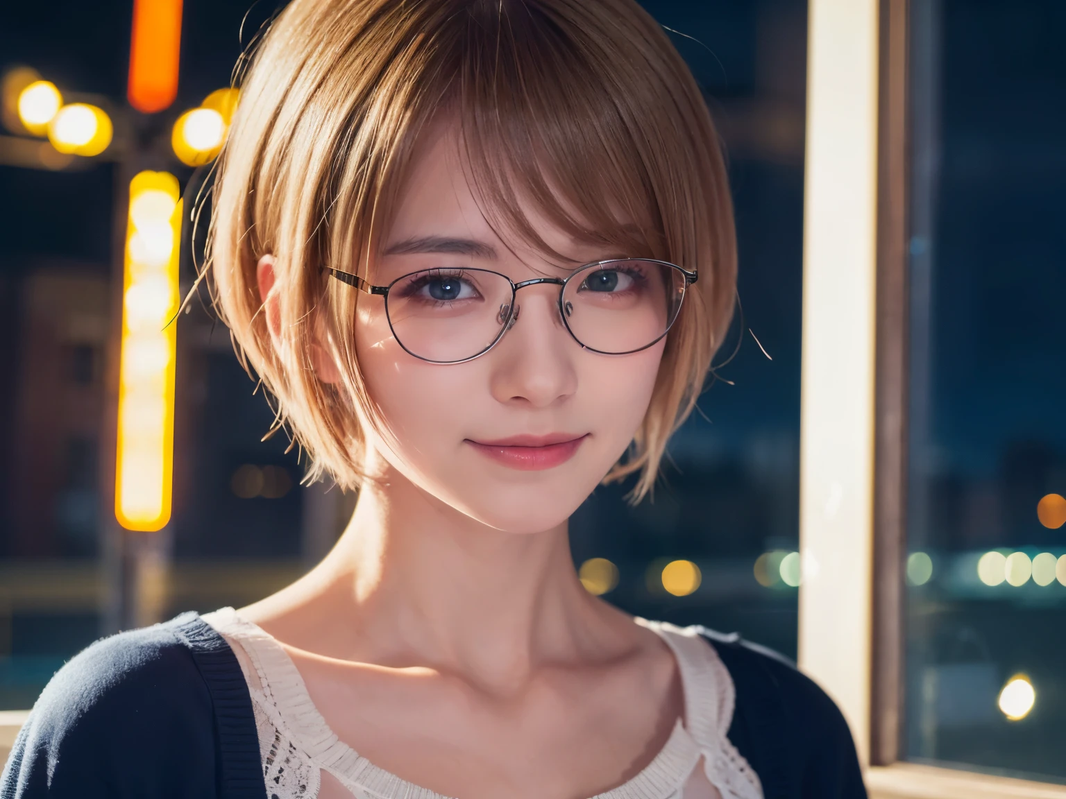 Japanese girl in casual clothes、Observe the audience、Tokyo cityscape at night、(highest quality、masterpiece)))、HD Fine、Very detailed、masterpiece、Cinema Lighting、(8k、highest quality、masterpiece:1.2)、(Realistic、Realistic:1.37) High resolution、Very detailed、Woman wearing glasses、A look of silence、Round Glasses、Asian, cute, cute顔, alone,Blonde Short Hair 1.2, Textured skin, Beautiful smile, Beautifully detailed night sky, Night view, Cinema Lighting, Written boundary depth, Lens flare light、date、(Blushing your nose)、、(Mouth closed)Small breasts、A beautiful eye for detail、(sweater:1.1)、(Blonde Short Hair:1.2)、Floating Hair Nova Frog Style、