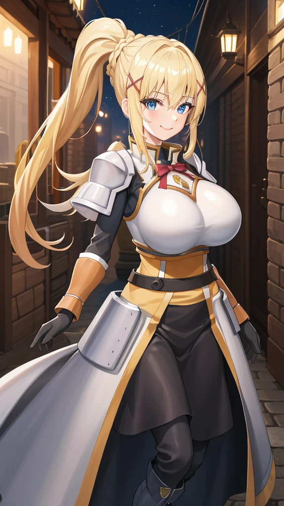 best quality, highres, 1girl, long hair, blonde hair, x hair ornament, armor, blue eyes, ponytail, hair ornament, gloves, shoulder armor, braid, black gloves, pauldrons, white boots, darkness \(konosuba\), ((large breasts)), ((huge breasts)), cowboy shot, dark and  city alley , smile,