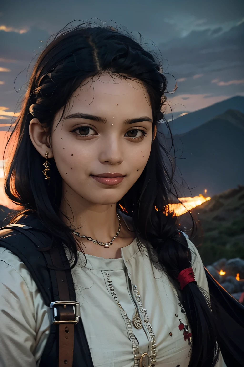 mujer.guerrero ,Hermoso rostro, sonriente , Caballero negro, montaña en ruinas.campo de batalla,dark sky.Realista,obra maestra,4k 