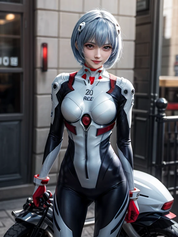 Masterpiece, highest quality, 8K, detailed skin texture, fine cloth texture, beautiful detailed face, intricate details, super detailed, portrait of Rei Ayanami, blue hair, red eyes, looking far away, no background, Evangelion Wearing a plug suit when riding, plug suit, whole body visible, standing, arms crossed, 15 years old, beautiful, cute, great style, smiling,composition that shows the whole body,