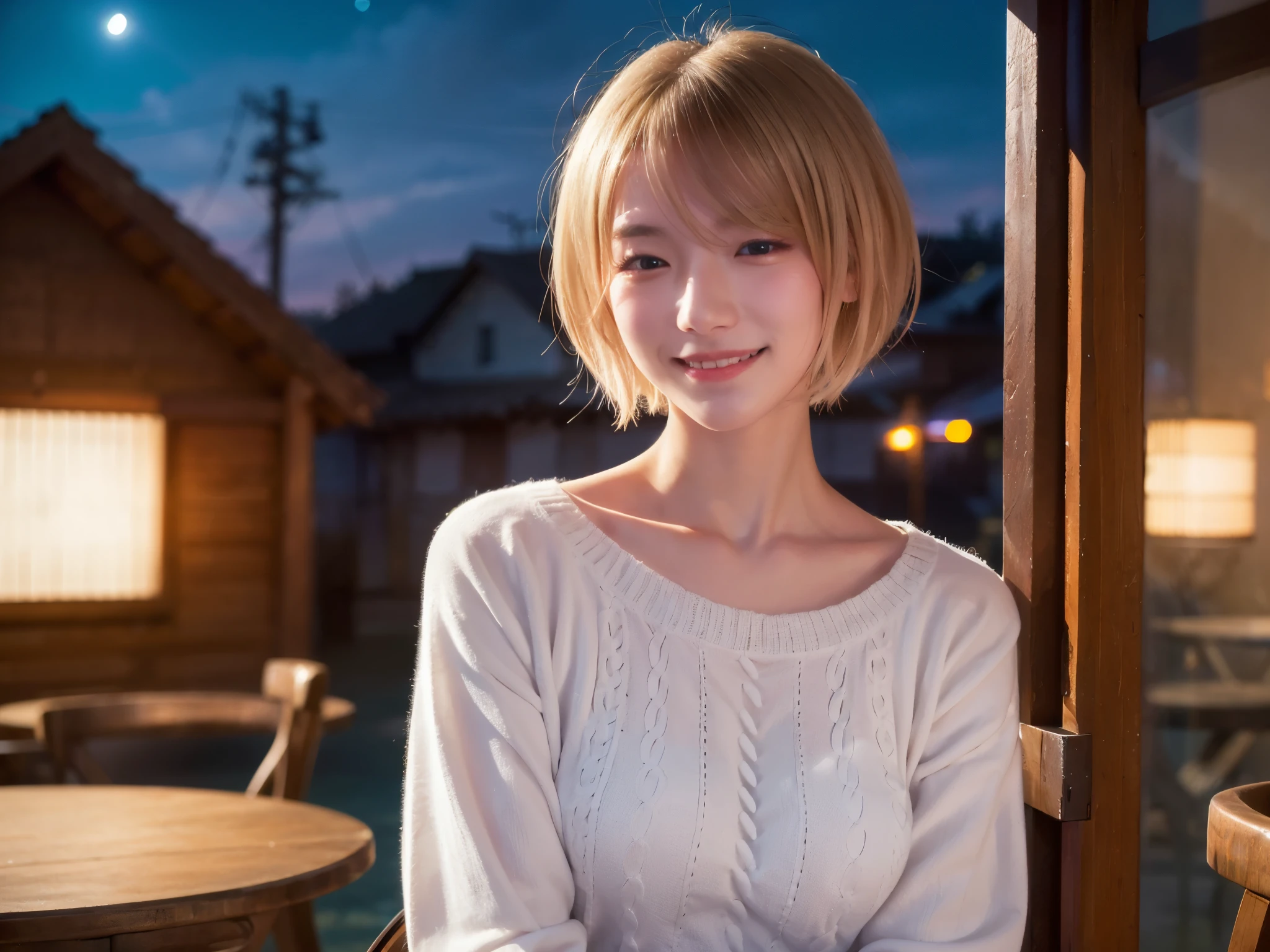 22 year old Japanese woman in casual clothes in the living room、Observe the audience、Pose with a smile(highest quality、masterpiece)))、High resolution、Very detailed、masterpiece、Cinema Lighting、(8k、highest quality、masterpiece:1.2)、(Realistic、Realistic:1.37) High resolution、Very detailed、One Girl 、Asian, cute, cute顔, alone, Blonde Short Hair1.2, Textured skin, Beautiful smile, Beautifully detailed skies, night, Cinema Lighting, Written boundary depth, Lens flare light、Sitting、date、(Blushing your nose)、(Laughter:1.15)、(Mouth closed)Small breasts、A beautiful eye for detail、(sweater:1.1)、night、(Blonde Short Hair:1.2)、Floating Hair Nova Frog Style、