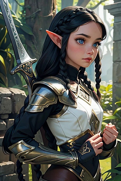 1 elf female,long silky black hair in braids,orelhas pontudas,olhos azuis, thin lips,rosto redondo,seios enormes, quadris largos,wearing light elven battle armor and always with a thin-bladed sword in his hands.estilo coquete e melindrosa 