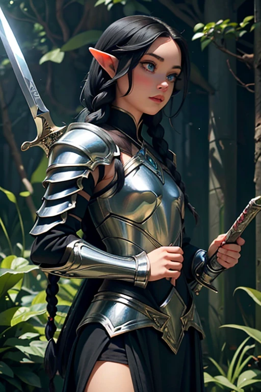 1 elf female,long silky black hair in braids,orelhas pontudas,olhos azuis, thin lips,rosto redondo,seios enormes, quadris largos,wearing light elven battle armor and always with a thin-bladed sword in his hands.estilo coquete e melindrosa 