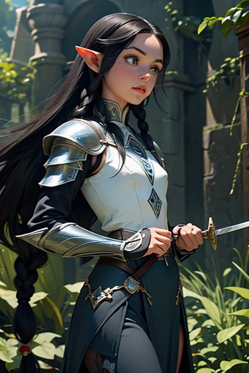 1 elf female,long silky black hair in braids,orelhas pontudas,olhos azuis, thin lips,rosto redondo,seios enormes, quadris largos,wearing light elven battle armor and always with a thin-bladed sword in his hands.estilo coquete e melindrosa 