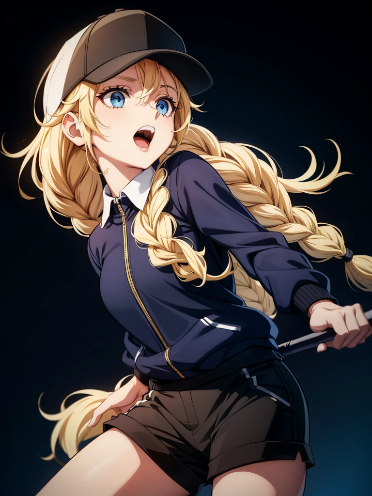 a woman wearing tennis outfit in shorts and hat with blonde hair posed, 1girl, hat, solo, blue eyes, blonde hair, braid, shorts, jacket, baseball cap, black background, open mouth, long hair, black shorts, shirt, twin braids, black headwear, white shirt