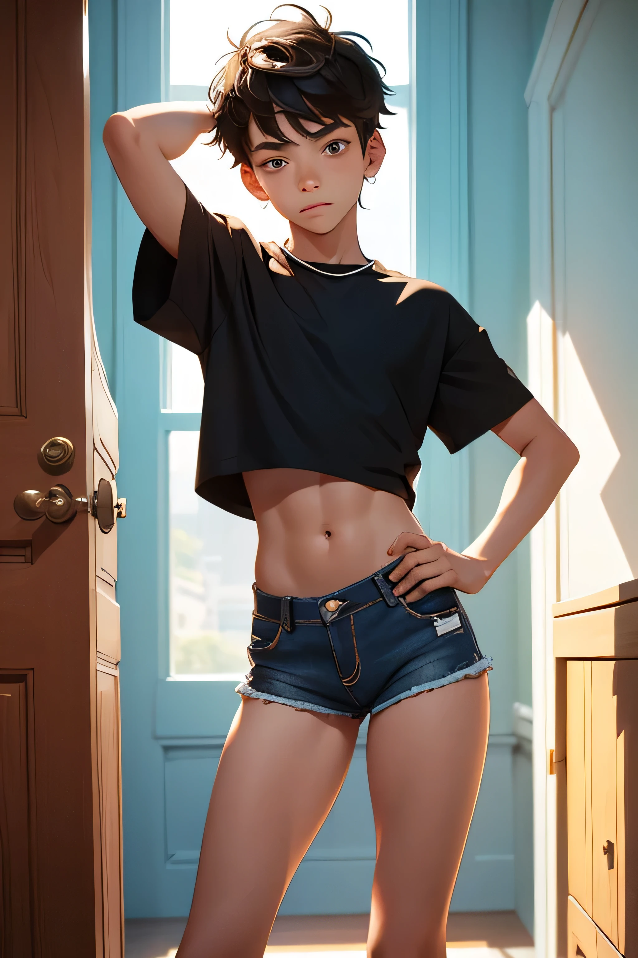 Teen boy-model 14 years old, boy wears a crop shirt and too very short mini shorts, beautiful legs, hot summer, highest quality,