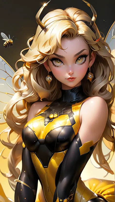 stunning and seductive pin-up style illustration in the spirit of anime, featuring a confident and curvaceous bee-girl with blon...