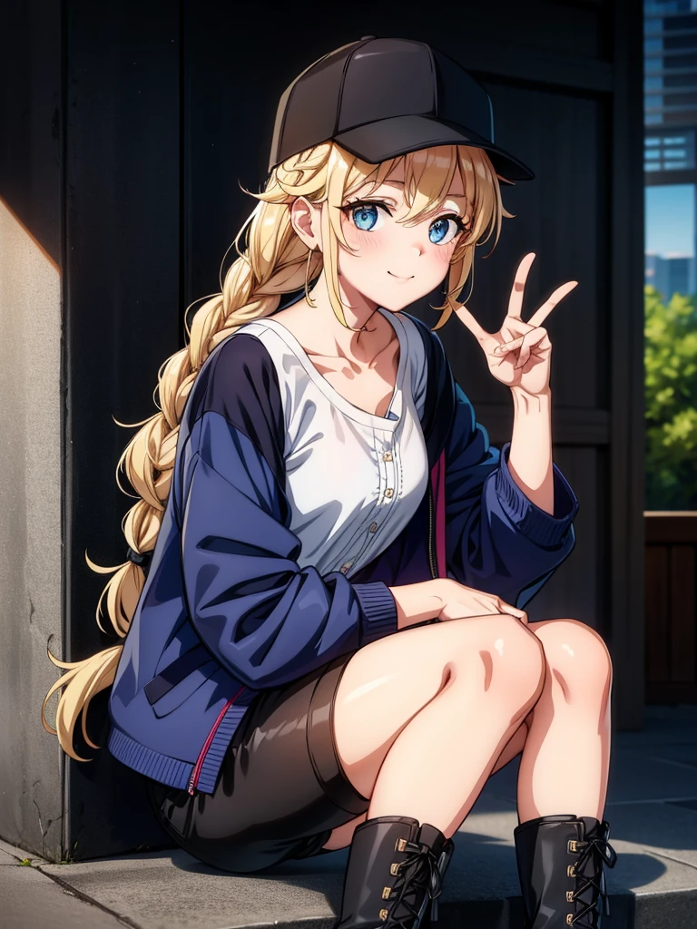 sitting on a ledge, the lady is giving a peace sign, 1girl, solo, v, twin braids, blonde hair, braid, sitting, hat, smile, blue eyes, boots, shirt, shorts, white shirt, jacket, black headwear, long hair, looking at viewer, black footwear, blush, baseball cap, collarbone, black shorts, cross-laced footwear