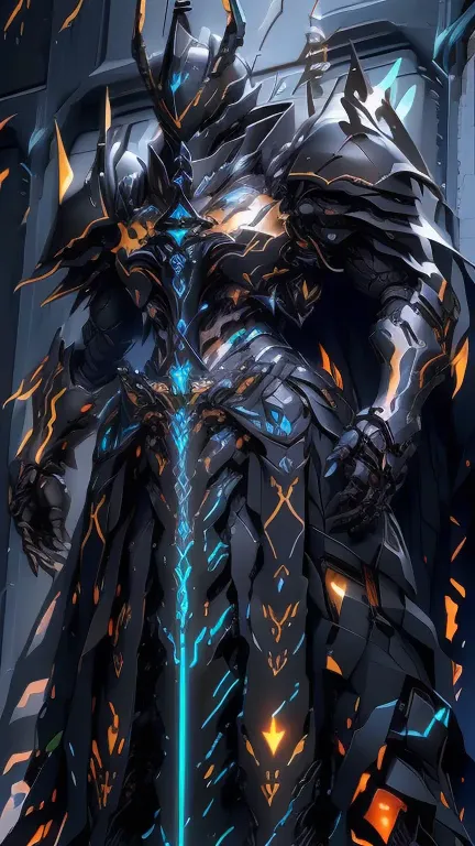 arafed knight in armor standing in a dark room with a sword, black fire color reflected armor, cyberpunk flame suit, berserk sku...