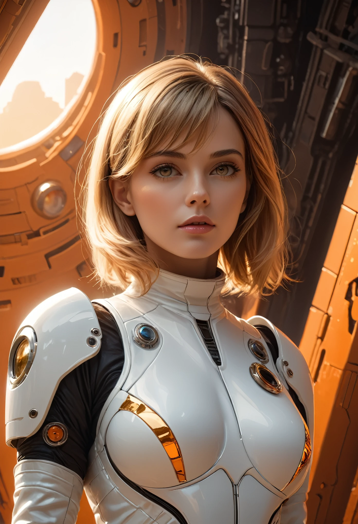 High-definition 16:9 image: A mesmerizing portrait of a white woman, looking like a futuristic android, in a smooth white spacesuit against a bright orange background, reminiscent of retrofuturism and pin-up era art of the 60s and 70s. The main character of this intriguing narrative is a woman standing against the backdrop of a towering megastructure and peering into the endless cosmos. This product embodies the essence of an astronaut with artificial intelligence, thanks to the careful study of every detail, from perfectly designed teeth to the stunningly realistic texture of the suit. The dilated pupils of her eyes reflect, Hyperrealistic, insanely detailed, in the background fantastic sci-fi landscape of the cosmodrome of the future, highest quality, masterpiece, 16K, (HDR: 1.4), high contrast, bokeh: 1.2, lens flare, (bright colors: 1.4), (muted colors, soft colors, soothing tones:0), cinematic lighting, ambient lighting, side lighting, exquisite details and textures, cinematic shot, Warm tones, wide shot, by playai, ultra-realistic illustration, natural sienna color ratio, anime style,, shadows, canvas, oil, smooth, ultra-high resolution, 8k, unreal engine 5, ultra-sharp focus, art from artgerm, loish, fiction, complex artistic masterpiece, sinister, matte-painted film poster, golden ratio, trending on cgsociety, intricate, epic, trending on artstation, author of Artgerm, H. R. giger and Beksinski, highly detailed, vivid, staged cinematic rendering of characters, ultra-high quality model, close-up, ultra-detailed, trend on artstation, clear focus, studio photo, complex details, high detail, Greg Rutkowski,photorealistic