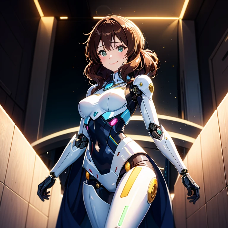 Mädchen mit futuristischer Ausrüstung posiert für ein Foto、Kumiko Oumae、lächeln、Mittellanges Haar, Cyborg Porzellanrüstung, (Glänzend weiße Rüstung, Cyborg-Körper, mechanischer Roboter Mädchen、diverse Cyber-Anzüge,(schöne mechanische Frau:1.5)), Schönes Cyborg-Mädchen, trägt eine futuristische Rüstung, perfekte mechanische Frau、glänzendes Haar,Kumiko Oumae、geschlossener Mund、welliges Haar