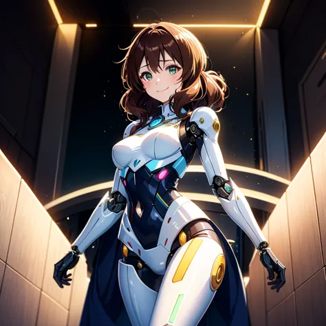 Girl with futuristic equipment posing for a photo、Kumiko Oumae、smile、medium hair, cyborg porcelain armor, (shiny white armor, cy...