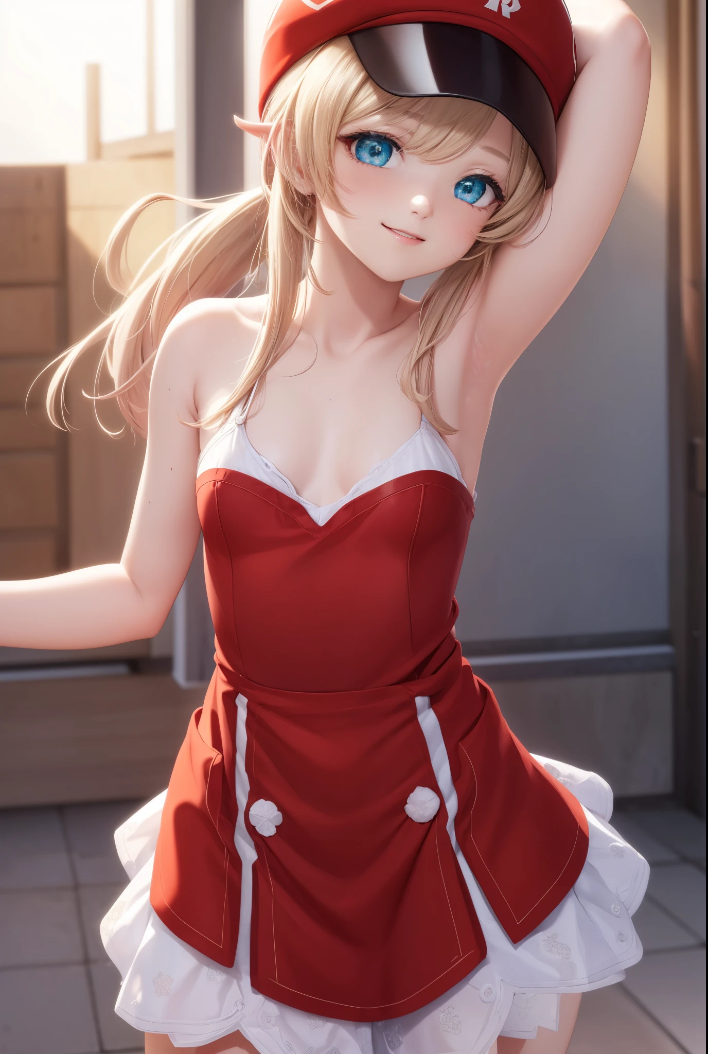 clay, blush, smile, Usual clothes, Red clothes, Red Hat, Combat Uniform, Primary school students, The back is very smal, Lolita, Small breasts, Show me your armpits, exterior: , Shoulder Bare, The clavicle is visible, Sexy thighs, Beautiful feet, Usual hairstyle, highest quality, High resolution, unity 8k wallpaper, (shape:0.8), (Beautiful and beautiful eyes:1.6), Highly detailed face, Perfect lighting, Extremely detailed CG, (Perfect hands, Perfect Anatomy),