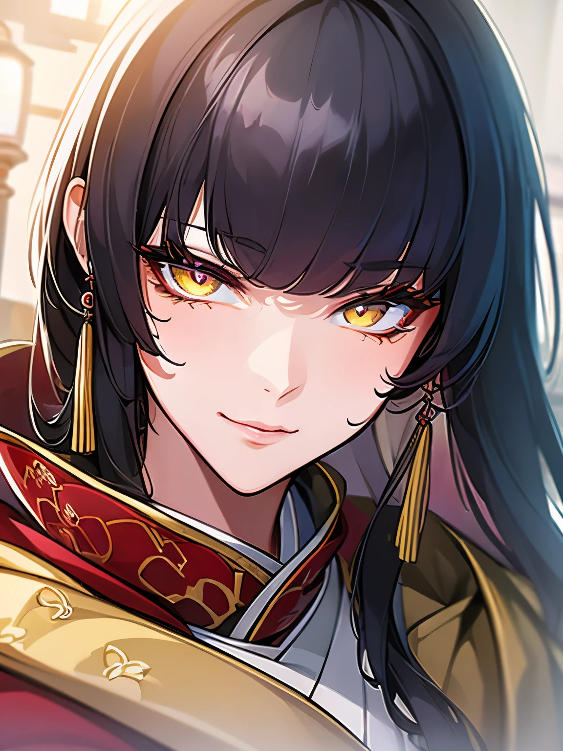 (Best quality details:1.22), 4K High definition, Ultra Detailed, high quality texture, intricate details, detailed texture,f inely detailed, high detail, high quality shadow, detailed beautiful delicate face, detailed beautiful delicate eyes, depth of field, human, adult, milf, mommy, solo, short himecut, traditional japanese clothes, bloodred samurai armor, yellow eyes, black hair, smug