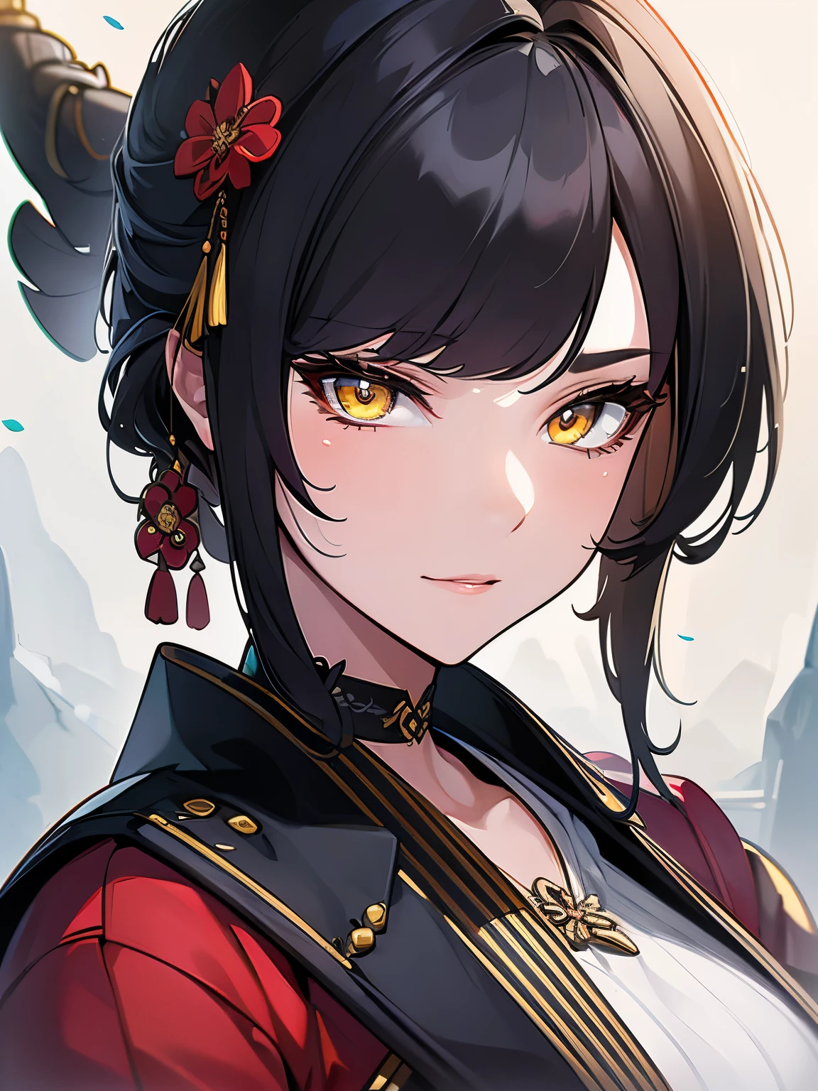 (Best quality details:1.22), 4K High definition, Ultra Detailed, high quality texture, intricate details, detailed texture,f inely detailed, high detail, high quality shadow, detailed beautiful delicate face, detailed beautiful delicate eyes, depth of field, human, middle-aged woman, milf, solo, short himecut, traditional japanese clothes, yellow eyes, black hair, samurai detailed art