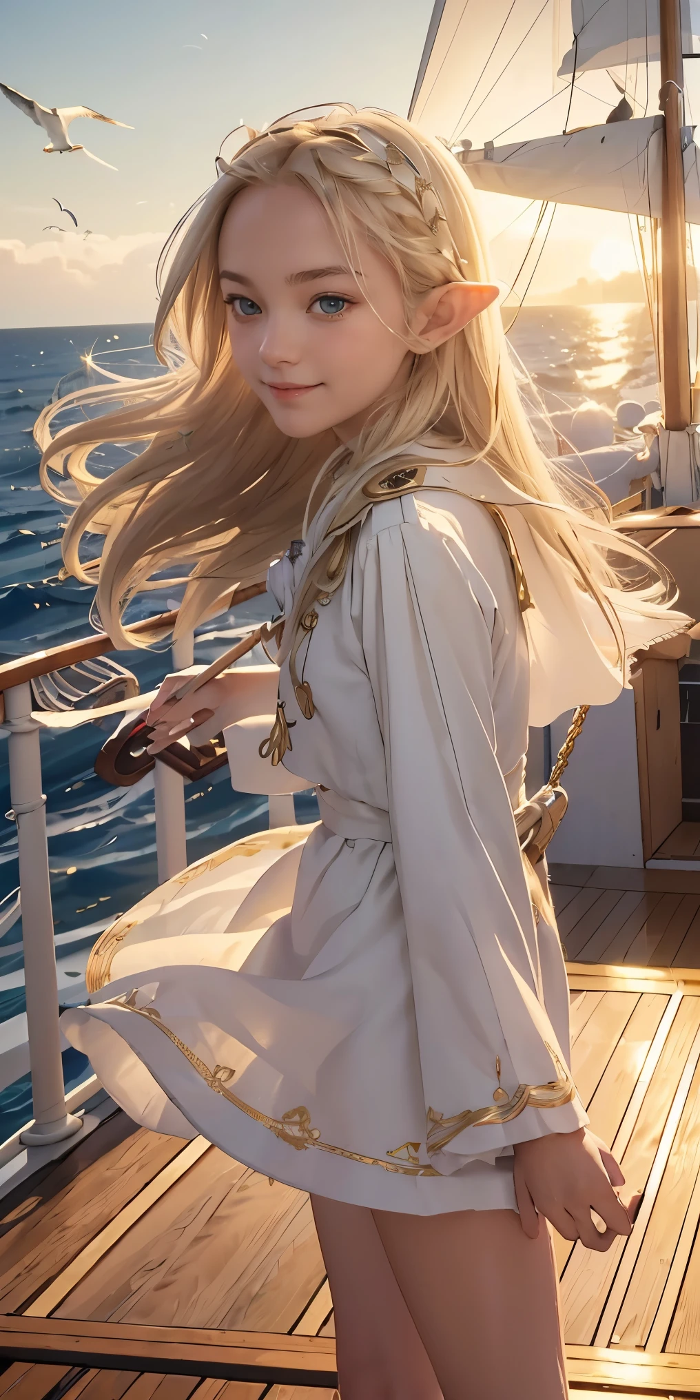 (((Masterpiece, highest quality, high definition, high detail)))), ((((Fantasy))), one, (Elf woman)))), (short skirt of white with gold embroidery), (blonde long straight hair), (glossy dark green eyes), (white ruffled blouse embroidered with gold), big, (((on the deck of a sailing ship at sea)), (vast sea))), (The firmament with clouds visible)), (( Seagulls flying in the sky)), smile, (breeze), particles of light flying