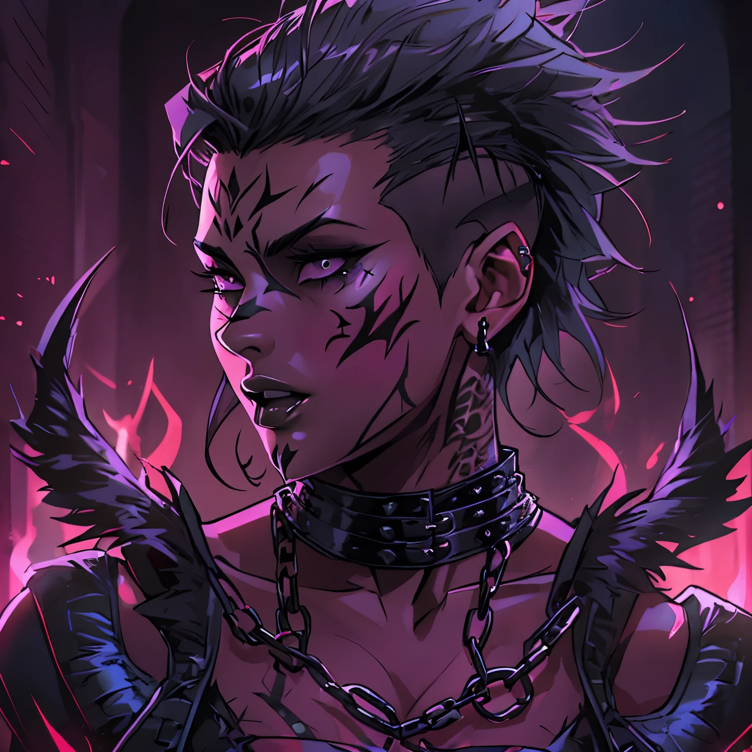 a sexy female succubus,purple bdsm gear, black bustier, black leather belts and chains, very short black spikey mohawk with an undercut ,shine,shadows,shading,beautiful,sexy,high quality,8k,photorealistic,detailed,dramatic lighting,chiaroscuro,dark fantasy,moody,sultry,alluring, portrait, tongue out, has demonic wings, feint aura, glowing tattoos, muscular, butch, masculine, rhea ripley