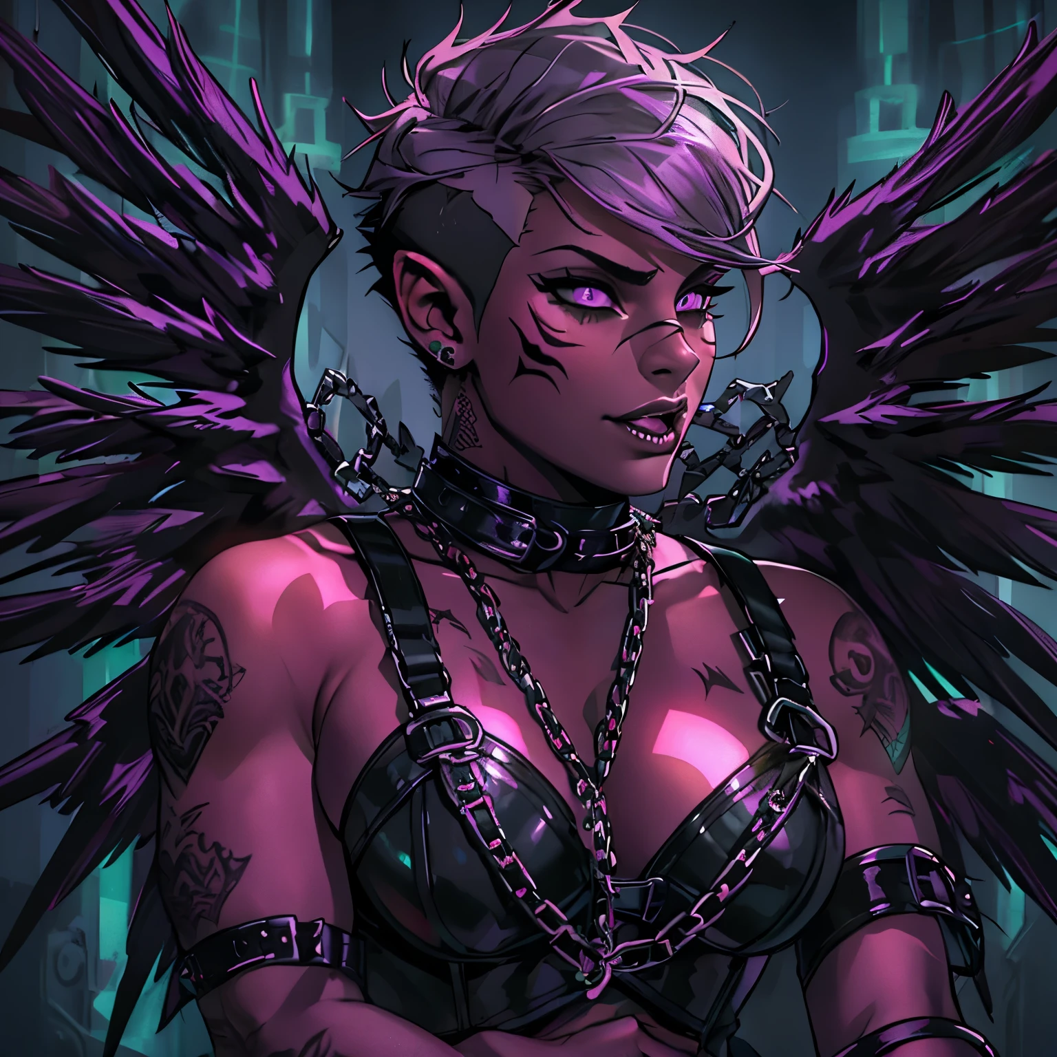 a sexy female succubus,purple bdsm gear, black bustier, black leather belts and chains, very short black spikey mohawk with an undercut ,shine,shadows,shading,beautiful,sexy,high quality,8k,photorealistic,detailed,dramatic lighting,chiaroscuro,dark fantasy,moody,sultry,alluring, portrait, tongue out, has demonic wings, feint aura, glowing tattoos, muscular, butch, masculine, rhea ripley