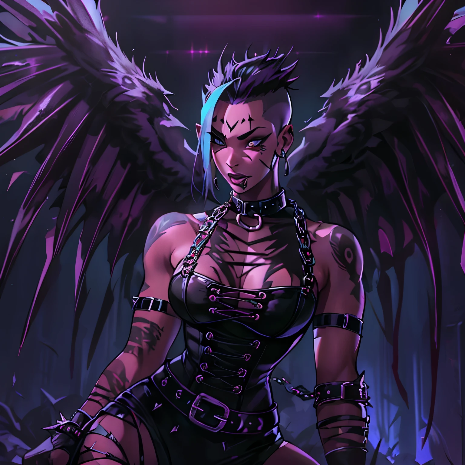 a sexy female succubus,purple bdsm gear, black bustier, black leather belts and chains, very short black spikey mohawk with an undercut ,shine,shadows,shading,beautiful,sexy,high quality,8k,photorealistic,detailed,dramatic lighting,chiaroscuro,dark fantasy,moody,sultry,alluring, portrait, tongue out, has demonic wings, feint aura, glowing tattoos, muscular, butch, masculine, rhea ripley