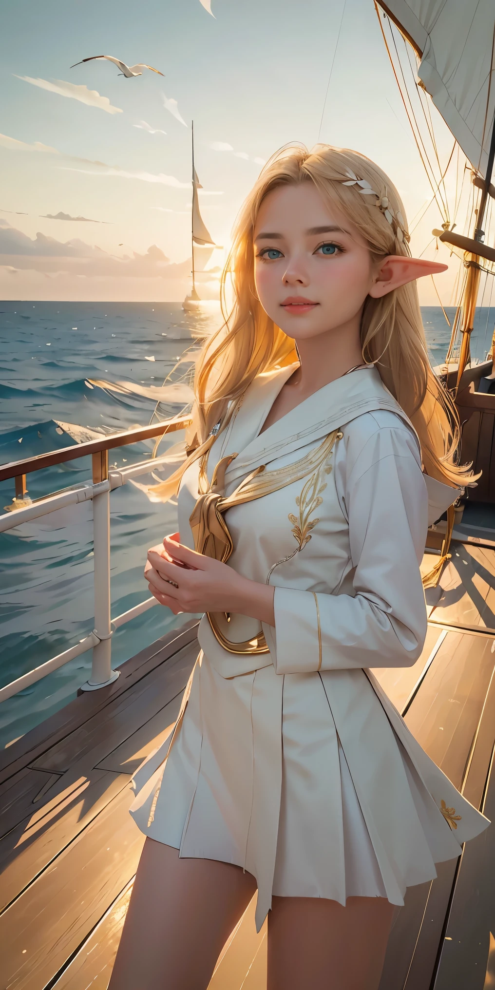 (((Masterpiece, highest quality, high definition, high detail)))), ((((Fantasy))), one, (Elf woman)))), (short skirt of white with gold embroidery), (blonde long straight hair), (glossy dark green eyes), (white ruffled blouse embroidered with gold), big, (((on the deck of a sailing ship at sea)), (vast sea))), (The firmament with clouds visible)), (( Seagulls flying in the sky)), smile, (breeze), particles of light flying