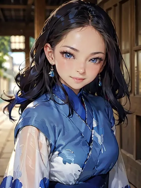 obra maestra, sexy mostrando lenceria(kimono azul), cara seductora, buena iluminacion, escote, detalles finos, obra maestra, ojo...
