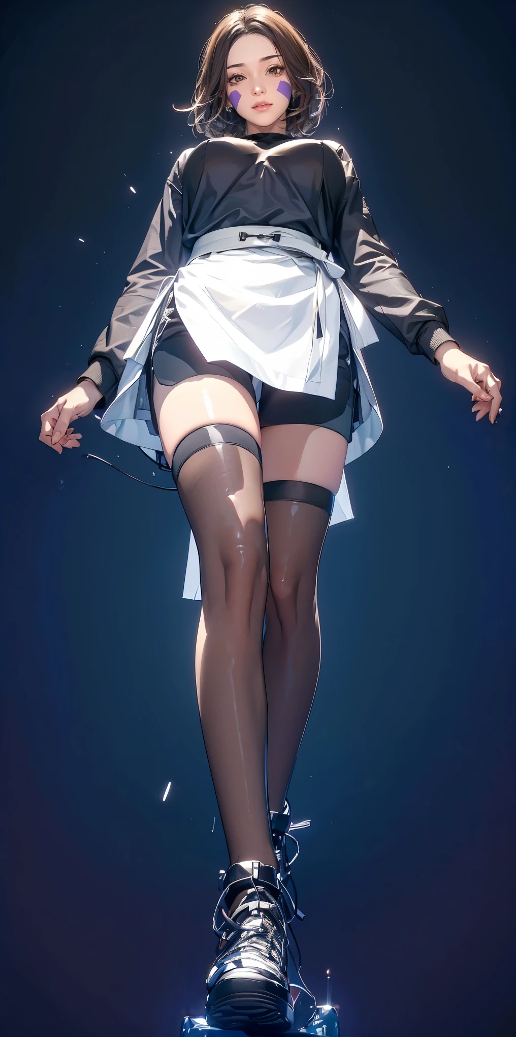 （（（Perfect figure，figure，独奏， White and tender skin，（（（cyberpunk，black shirt，bike shorts，long sleeves，waist apron，toeless footwear，black thighhighs））），（（（TsunadeLora,short hair，brown hair，facial mark，brown eyes，））），((masterpiece)),high resolution, ((Best quality at best))，masterpiece，quality，Best quality，（（（ Exquisite facial features，Looking at the audience,There is light in the eyes，(（（Smile，confidence））），型figure:1.7））），（（（Light and shadow，Huge breasts））），（（（Looking at the camera，black background，from below,full body,Fisheye lens,walking)）））