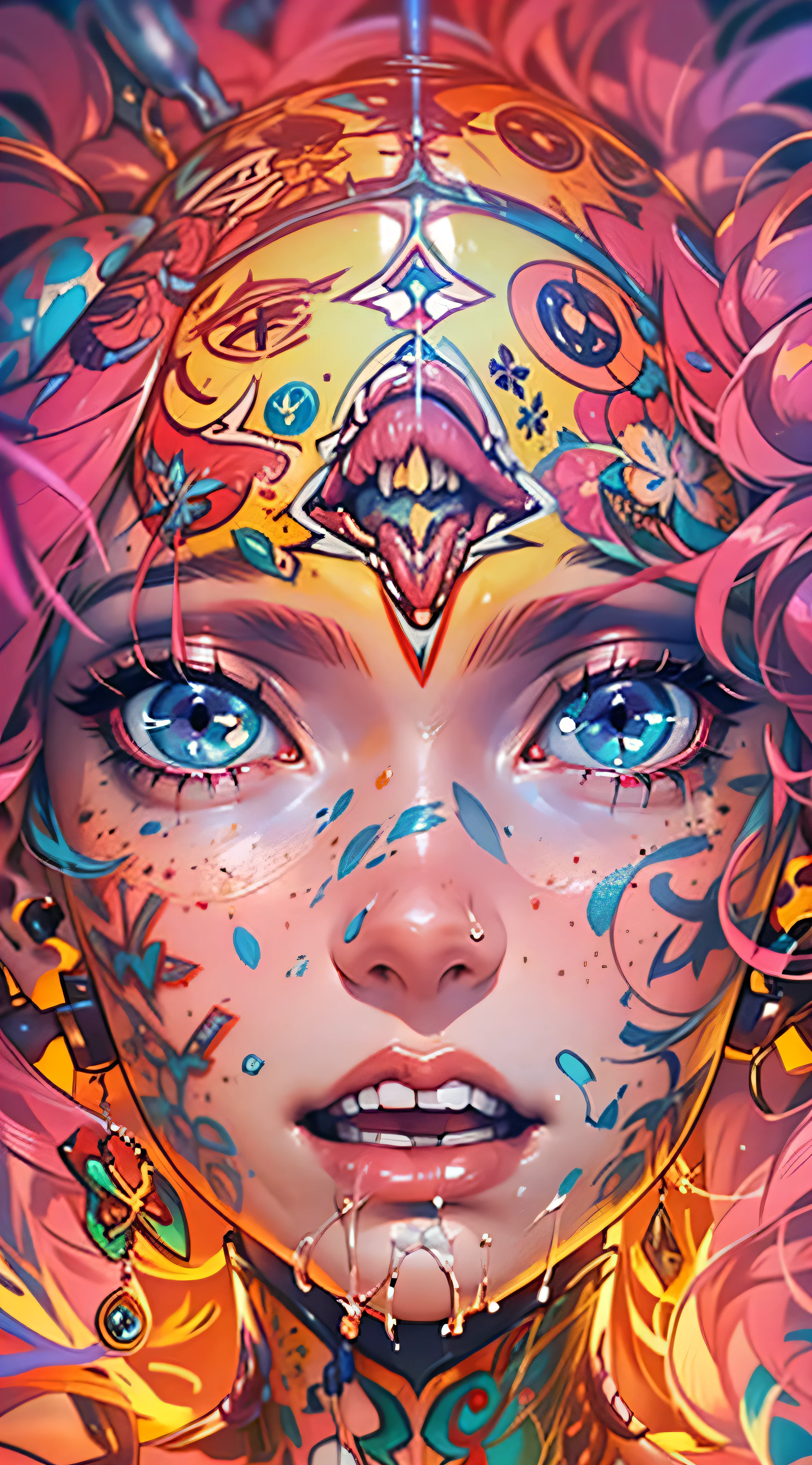 A close up of a woman with a colorful face and headpiece - SeaArt AI