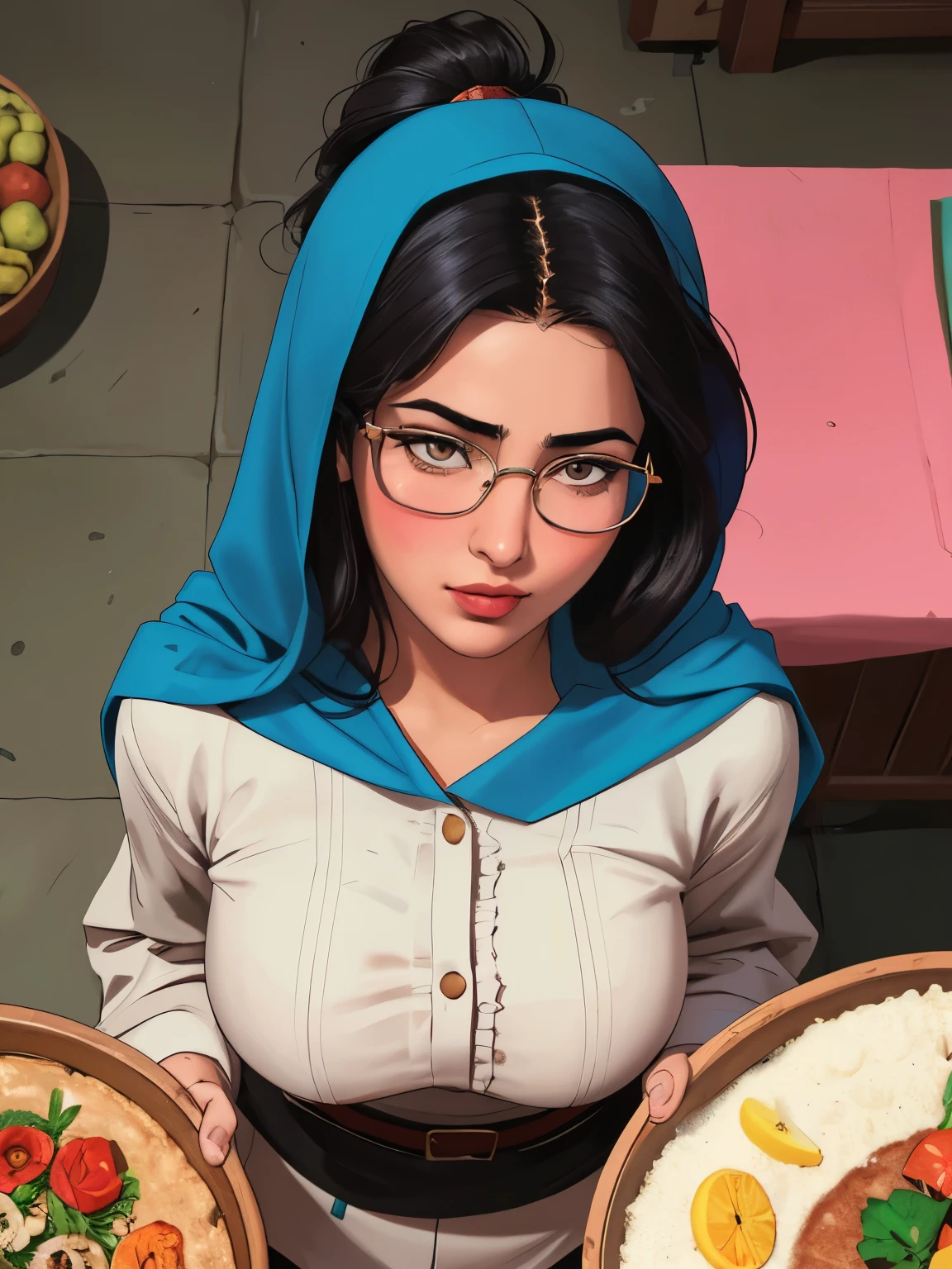 Afghan model girl, (24 years old), in the market, noon, buxom, glasses, blushing expression, (from top view), (masterpiece, best quality, highly detailed, hyper realistic) 