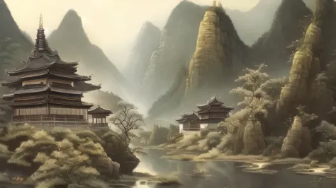 uiasm,tree,scenery, ancient style oil painting, mountain, wood, water, chinese architecture,sun,building,people,animal, masterpi...