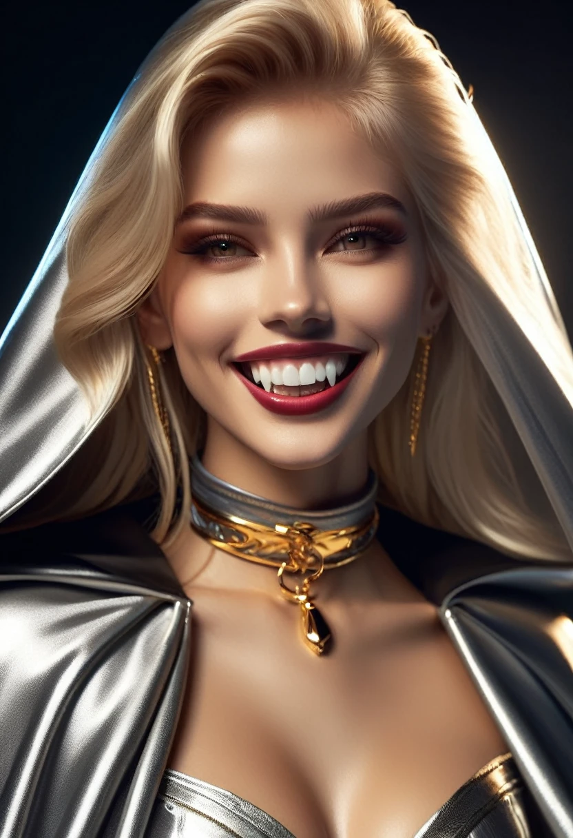 Vampyfangs1, (RAW photo, best quality, masterpiece, ultra-detailed, high res), (realistic),(extremely delicate and beautiful:1), mesmerizing woman with long blonde hair in sleek high ponytail , (((ankle length glossy silver and gold lined cloak tied at the neck:1.20))), crop top and hotpants , nighttime  , detailed features, smiling expression of feelings, imaginative, highly detailed, extremely high-resolution details, photographic, realism pushed to extreme, fine texture, 4k, ultra-detailed, high quality, high contrast, full body shot