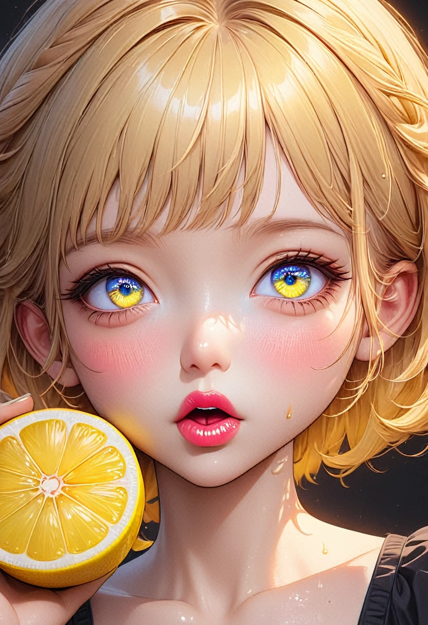 animado:1.6,a cute animado girl, hermosos ojos detallados, hermosos labios detallados, ojos y rostro extremadamente detallados, Pestañas largas, ((comiendo un limon, expresión facial divertida debido a la acidez del limón, Híper realista, obra maestra, 8K, Fotorrealista, Profesional, Estudio de iluminación, pintura ultrafina, colores vívidos