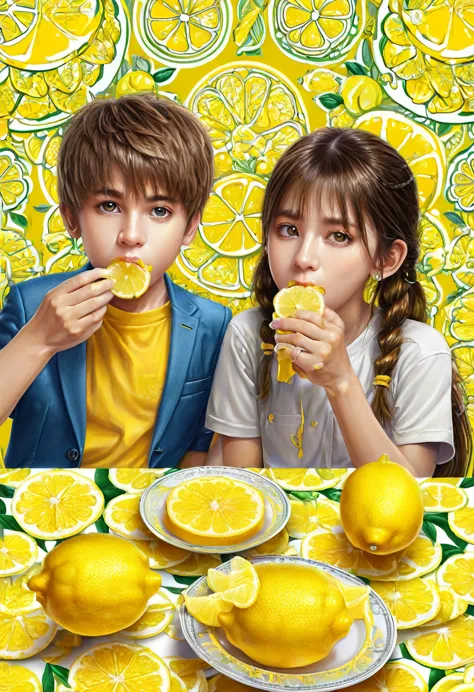 girl and boy eating lemon competition, background is the onlookers, (masterpiece, best quality, professional, perfect compositio...