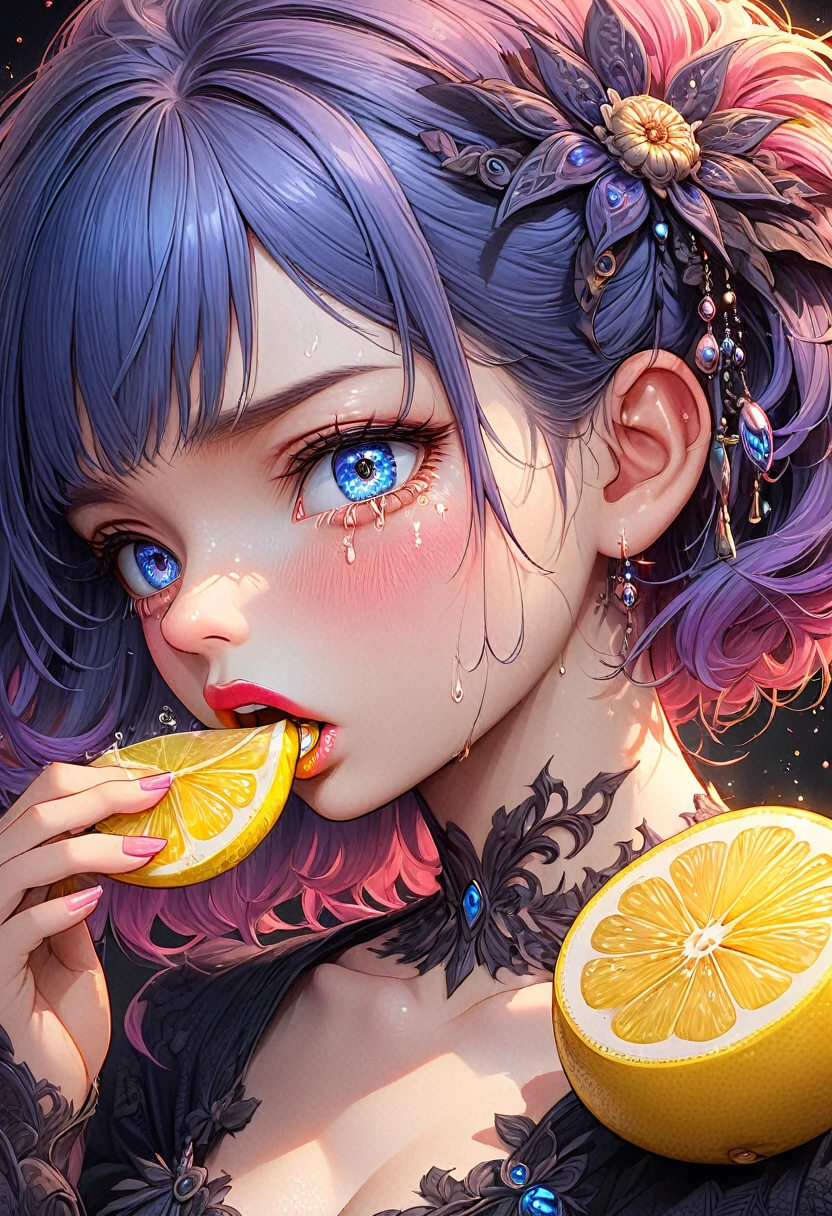 Une belle fille d&#39;anime, yeux et visage extrêmement détaillés, long cils, tranche de citron dans la bouche, expression dégoûtée, larmes d&#39;acidité, hyper détaillé, 8k, haute résolution, belles lèvres détaillées, Photoréaliste, couleurs vives, Éclairage dramatique, détails complexes, fantaisie, art numérique