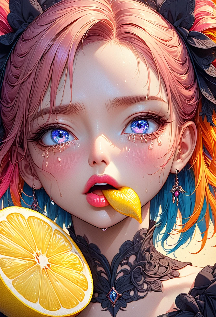 Une belle fille d&#39;anime, yeux et visage extrêmement détaillés, long cils, tranche de citron dans la bouche, expression dégoûtée, larmes d&#39;acidité, hyper détaillé, 8k, Haute résolution, belles lèvres détaillées, photoréaliste, couleurs vives, éclairage dramatique, Détails complexes, fantaisie, art numérique