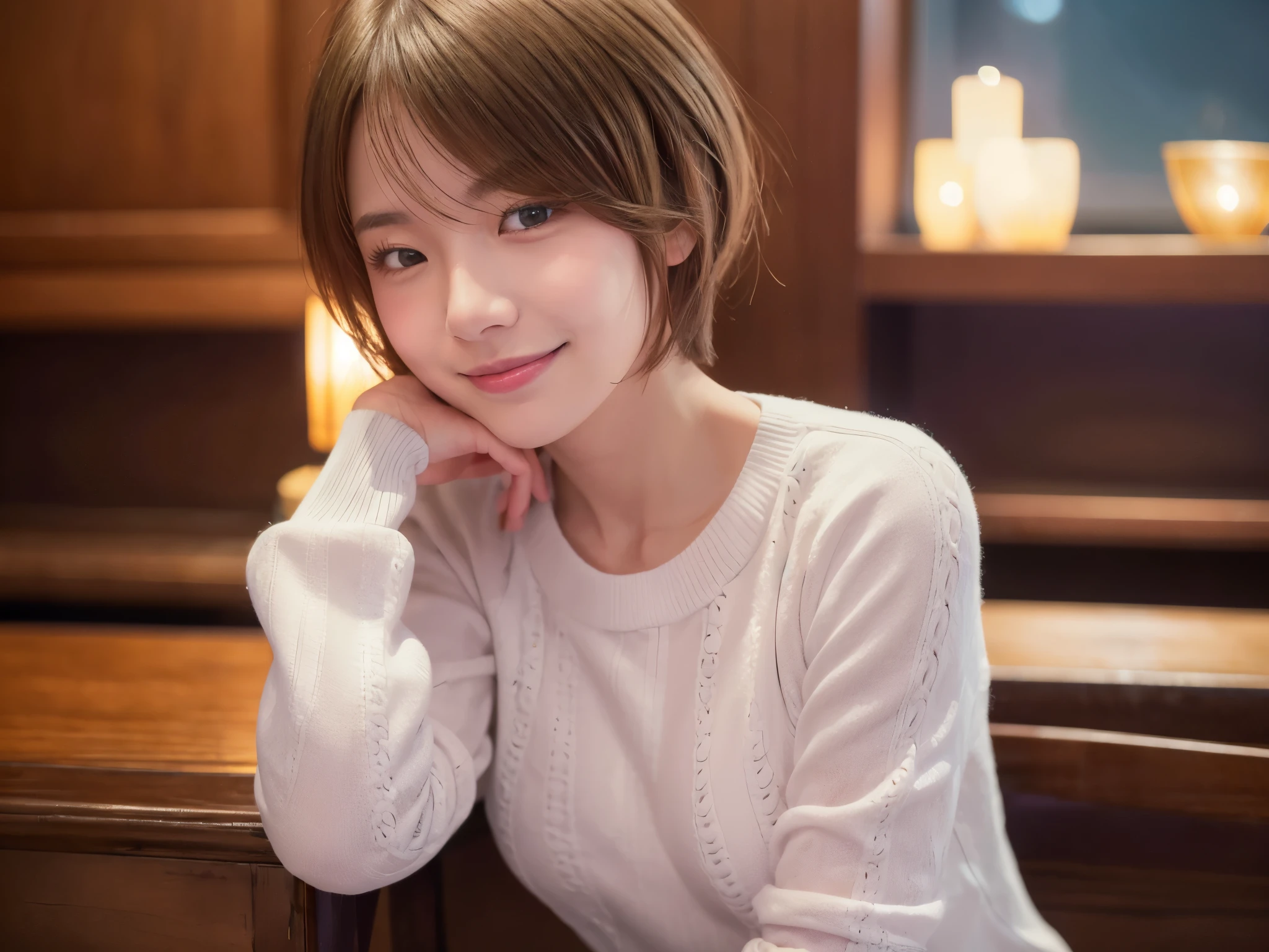 27 year old Japanese woman in casual clothes in the living room、Observe the audience、Pose with a smile(highest quality、masterpiece)))、High resolution、Very detailed、masterpiece、Light、(8k、highest quality、masterpiece:1.2)、(Realistic、Realistic:1.37) High resolution、Very detailed、One Girl 、Asian, cute, cute顔, alone, short hair1.2, Textured skin, Beautiful smile, Beautifully detailed skies, night, Light, Written boundary depth, レンズフレアLight、Sitting、date、(Blushing your nose)、(Laughter:1.15)、(Mouth closed)Small breasts、A beautiful eye for detail、(sweater:1.1)、night、(short hair:1.2)、Floating Hair Nova Frog Style