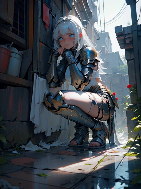A girl, kneeling in the floor, wearing a ultra shattered and ultra broken cute  lovely armor,  lot of missing pieces, very damaged armor ,ripped clothes, broken helmet ,broken shield  and broken sword, in tears, sad, dramatic scene, tears flowing in the face, garden, roses, rain, ultra detailed face 