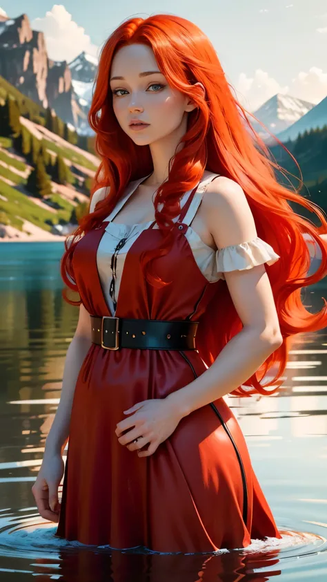 redhead haired woman with long red hair standing in front of a lake, red haired goddess, beautiful redhead woman, redhead woman,...