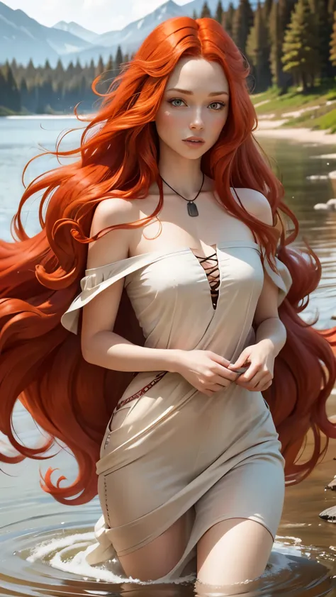 redhead haired woman with long red hair standing in front of a lake, red haired goddess, beautiful redhead woman, redhead woman,...