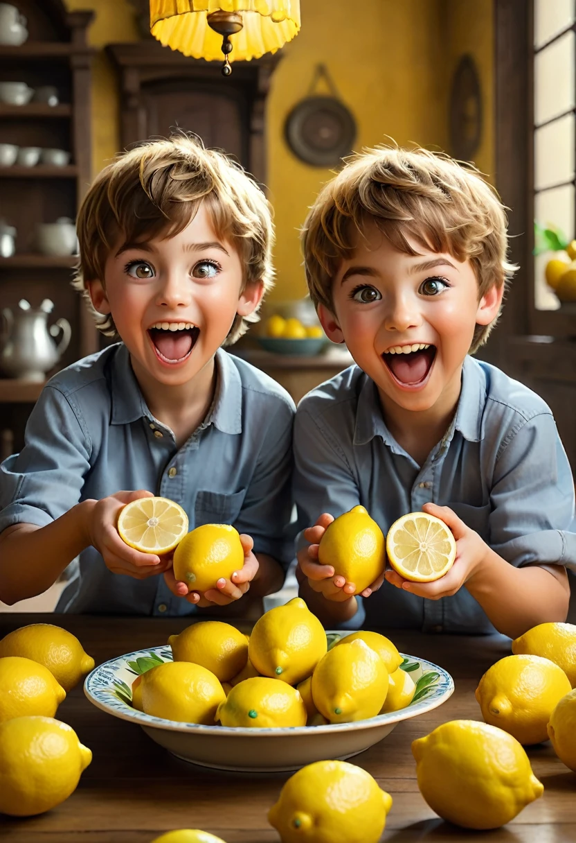 A playful scene unfolds as a girl and boy, both with bright eyes and mischievous grins, engage in an intense lemon-eating competition. The camera frames their faces and the lemons, capturing the concentration and determination etched on their youthful features. Soft, warm lighting illuminates the duo, highlighting the vibrant yellow of the lemons and the joyous atmosphere. In the background, a blurred cityscape provides a lively contrast to the focused subjects. The composition emphasizes the friends' dynamic energy as they enthusiastically compete for the title of top lemon eater, (masterpiece, best quality, Professional, perfect composition, very aesthetic, absurdres, ultra-detailed, intricate details:1.3)