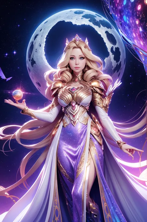 an image of Christina Applegate a woman in a dress with her hands on her head and a, cosmic goddess, big  , goddess of galaxies,...