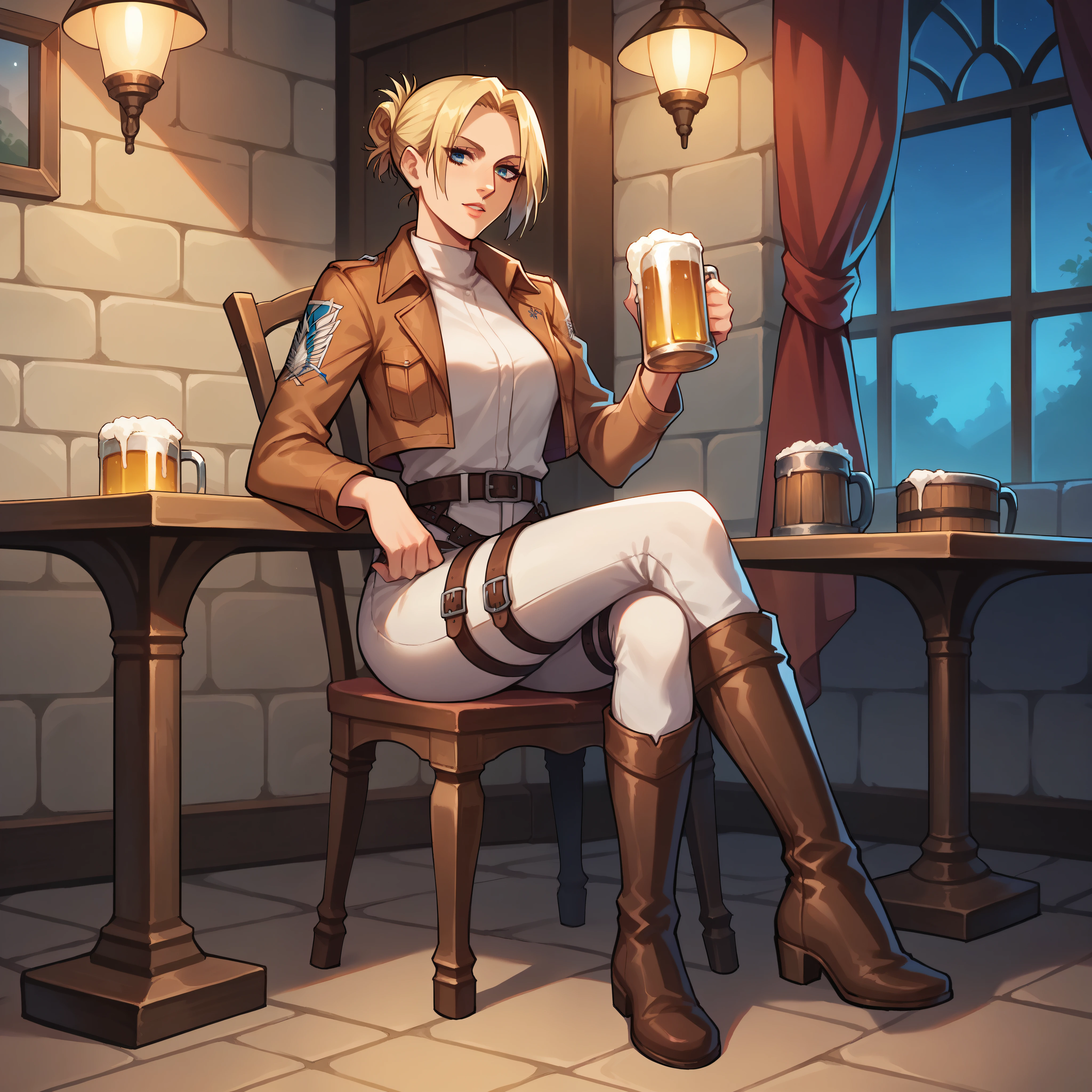 score_9, score_8_up, score_7_up,score_6_up,score_5_up, source_anime, 1girl, annie_leonhardt from attack on titan, paradis military uniform, blonde hair, solo, emblem, jacket, short hair, training corps \(emblem\), belt, uniform,  thigh strap, long sleeves, medieval pub, white pants, looking at viewer, sitting, table, chair, crossed legs, knee boots, at night, night, drinking beer, 